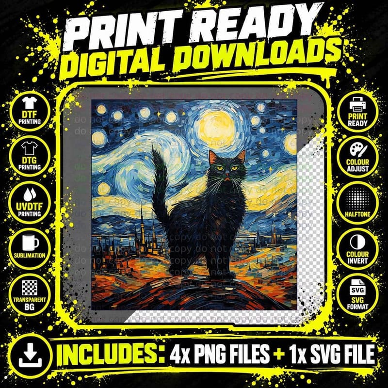 Van Gogh Starry Night Black Cat T-Shirt Png SVG Digital Bundle