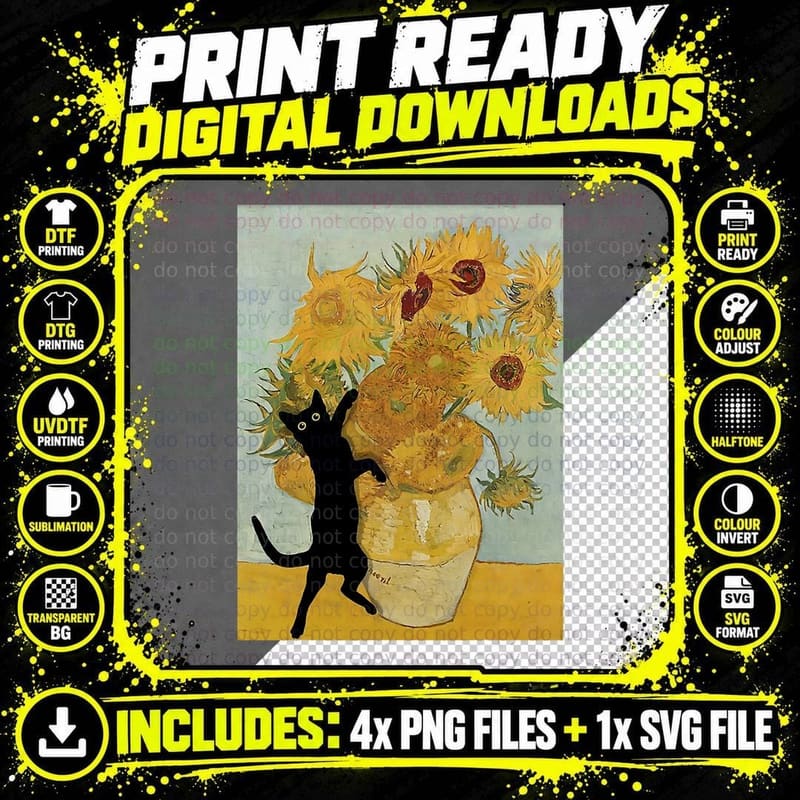 Van Gogh Sunflowers Funny Cat Art Painting T-Shirt Png SVG Digital Bundle