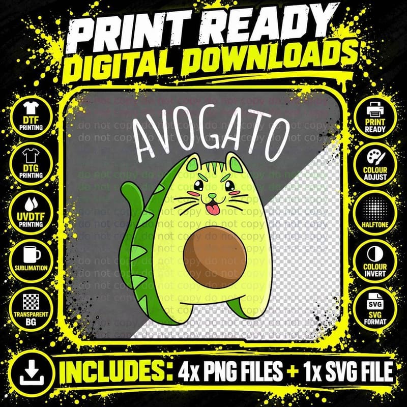 Vegan Vegetarian Cat from Avocado Avogato Cat Owner Png SVG Digital Bundle