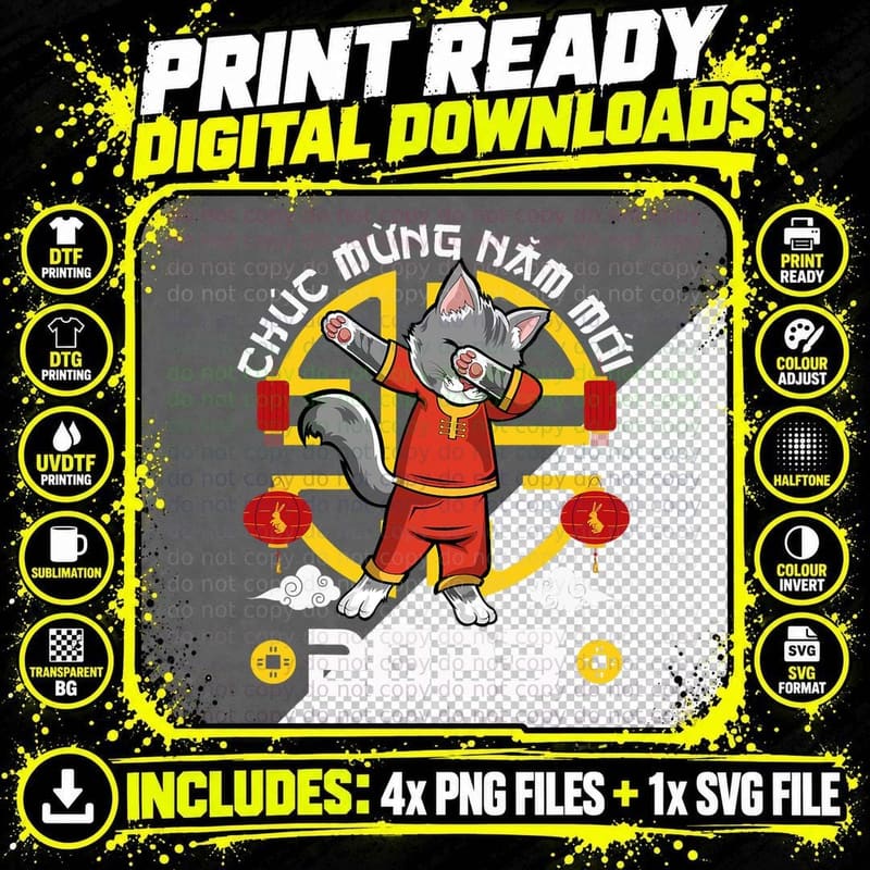Vietnamese New Year Cat Dabbing T-Shirt Png SVG Digital Bundle