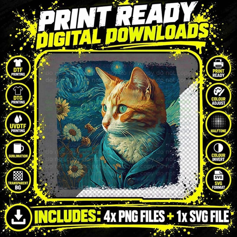 Vincent Cat, Starry Night Van Gogh Painting for Cat Png SVG Digital Bundle