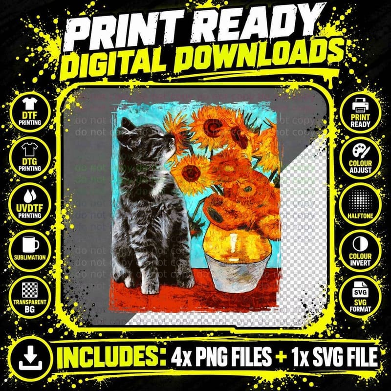 Vincent Van Gogh Famous Painting Sunflower Art Cat Lover Png SVG Digital Bundle