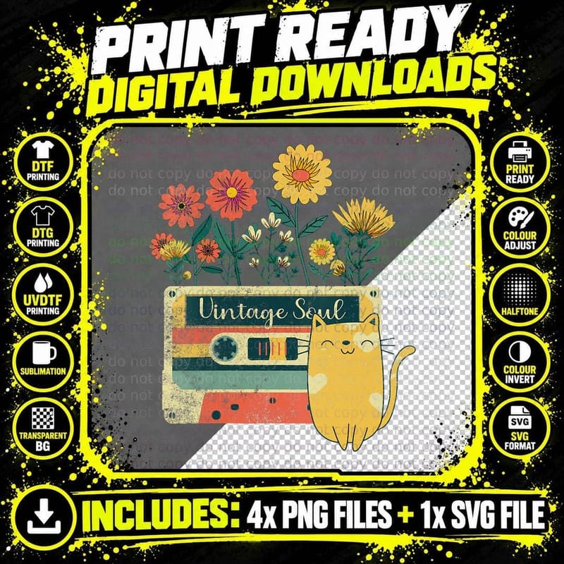Vintage Cat T- Retro Soul Flowers, Pet Lover Gift T-Shirt Png SVG Digital Bundle