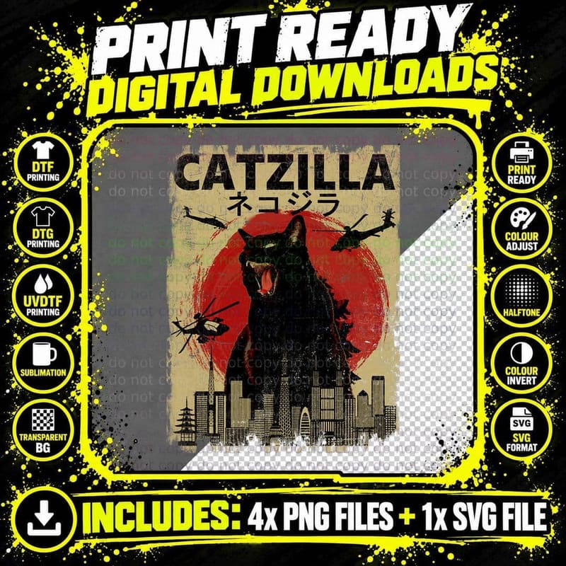 Vintage Catzilla T-Shirt, Funny Cat Lover Design Png SVG Digital Bundle