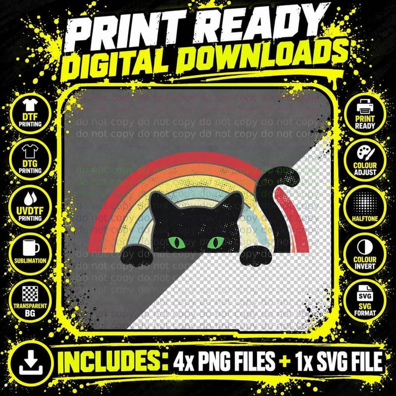 Vintage Cute Cat Rainbow T-Shirt, Retro Cat Lover Png SVG Digital Bundle