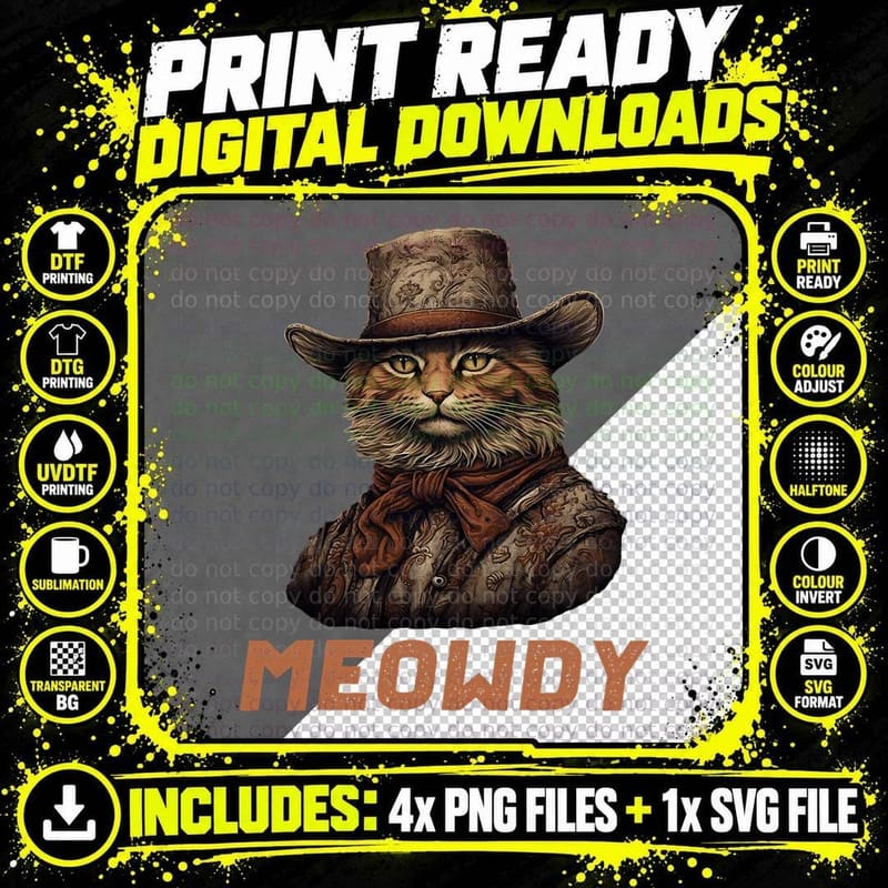Vintage Meowdy Cat Funny Howdy Meme Western Cowboy Png SVG Digital Bundle