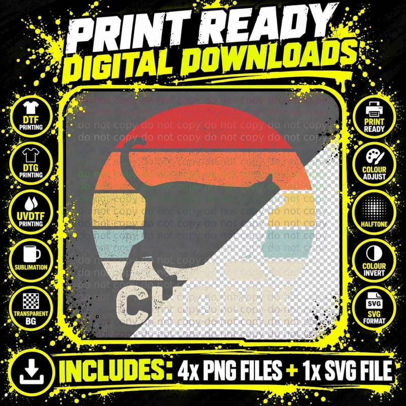 Vintage Retro Sunset Funny Fat Cats Meme Chonk Cat Png SVG Digital Bundle