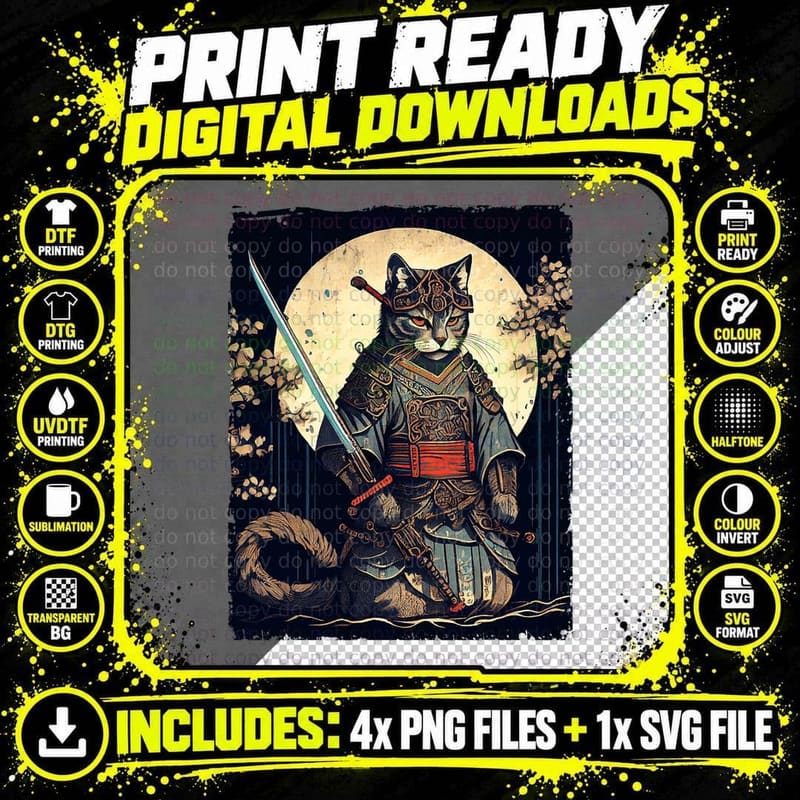 Vintage Samurai Cat T-Shirt, Japanese Ninja Art Png SVG Digital Bundle