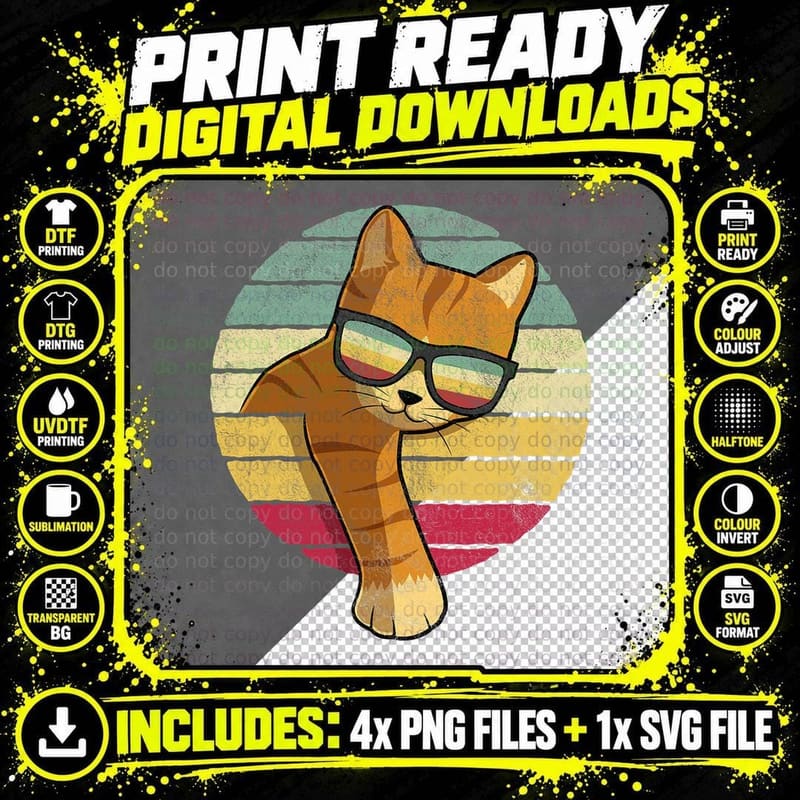 Vintage Style Orange Cat Sunglasses T-Shirt Png SVG Digital Bundle