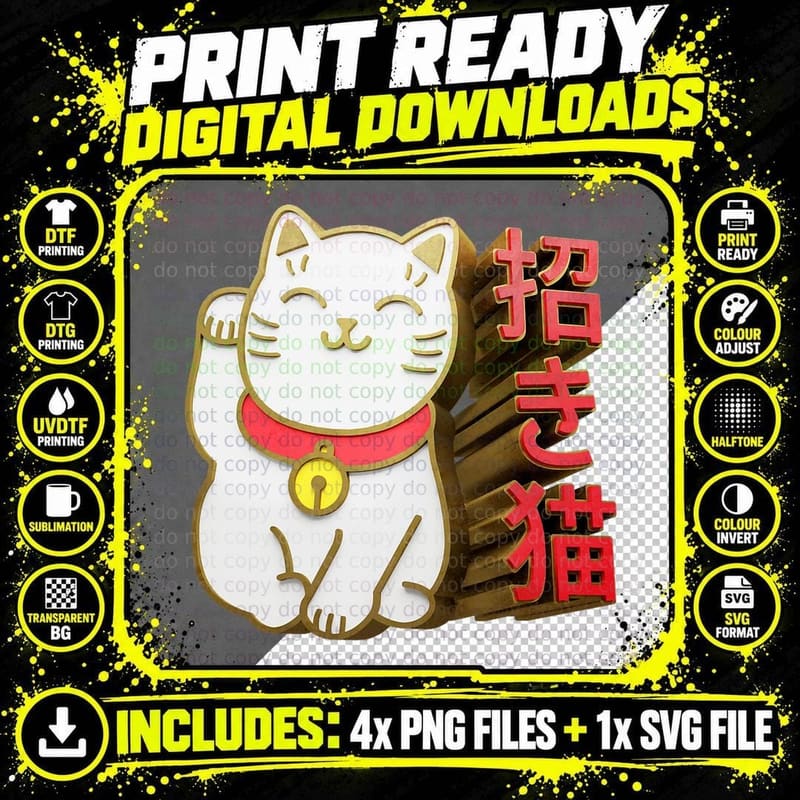 Waving Cat Lucky Cat T-Shirt, Japanese Feng Shui Design Png SVG Digital Bundle