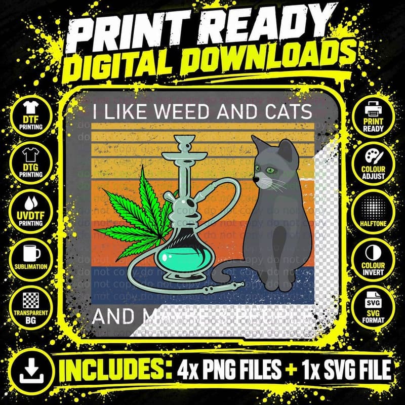 Weed Cat Retro Vintage T-Shirt, 420 Weed Png SVG Digital Bundle