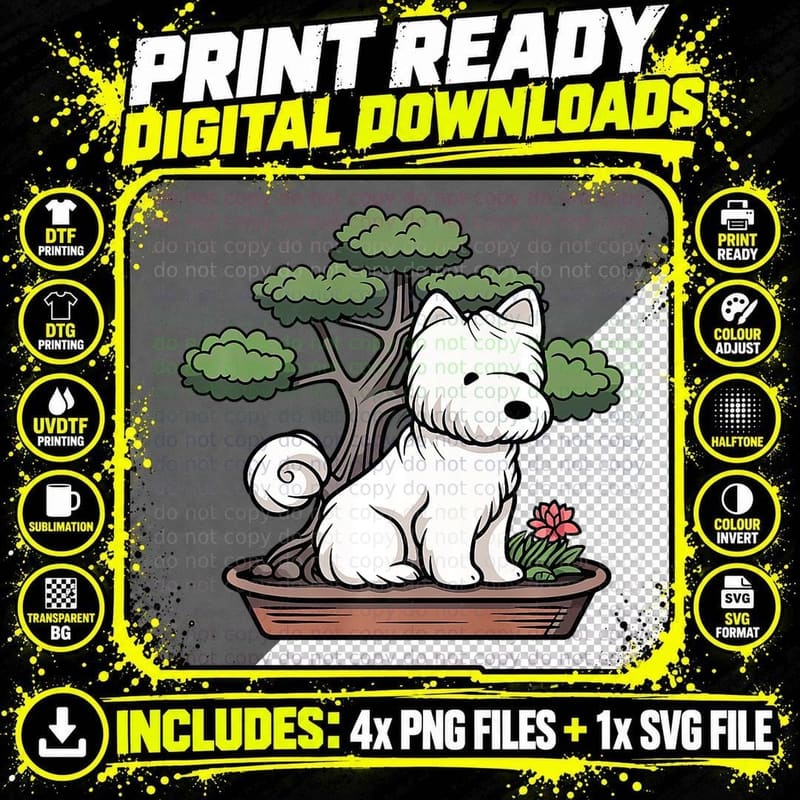 West Highland White Terrier Bonsai Tree Funny Dog Png SVG Digital Bundle