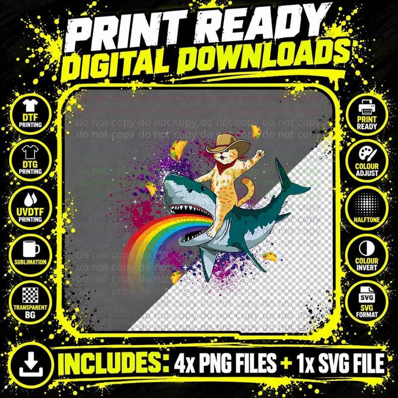 Western Cowboy Cat Riding a Shark in Taco Space Rainbow Png SVG Digital Bundle