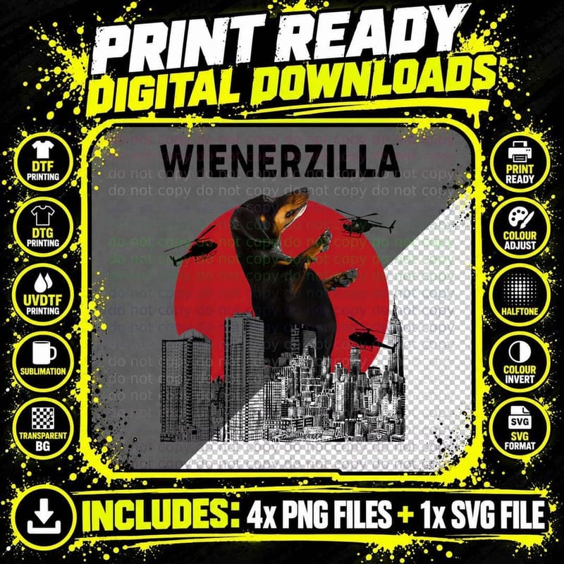 Wienerzilla Funny Wiener Dog Dachshund T-Shirt Png SVG Digital Bundle
