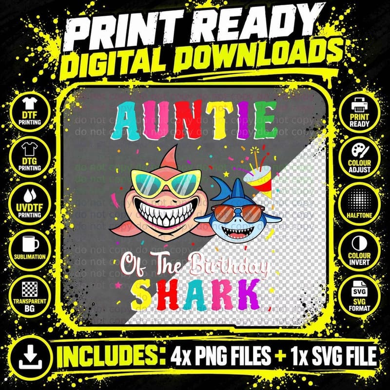 Auntie of the Shark Birthday T-Shirt, Family Matching Png SVG Digital Bundle