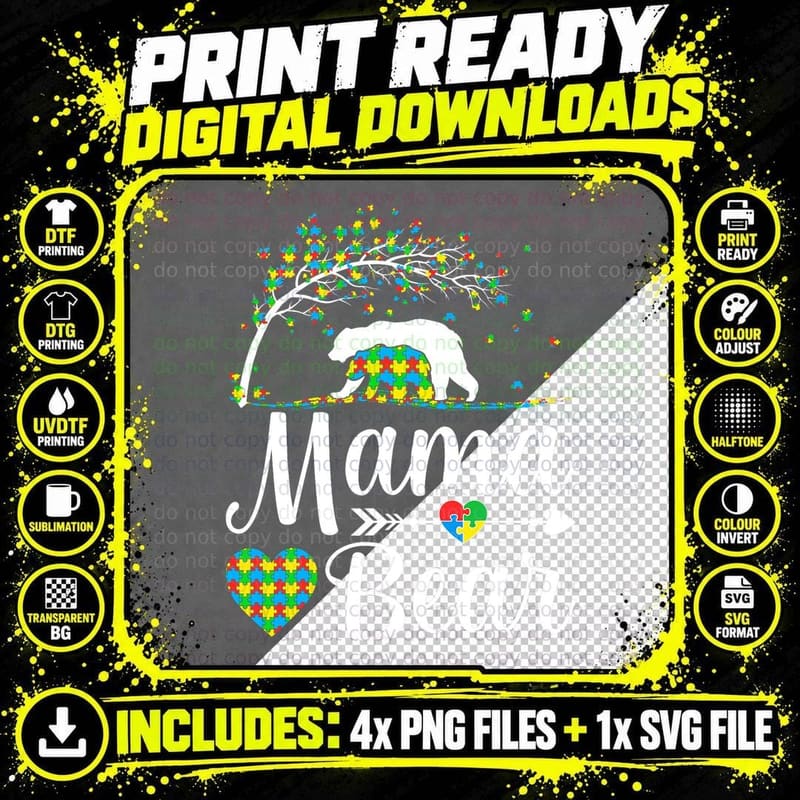 Autism Awareness Mama and Bear Support Autistic Autism Png SVG Digital Bundle