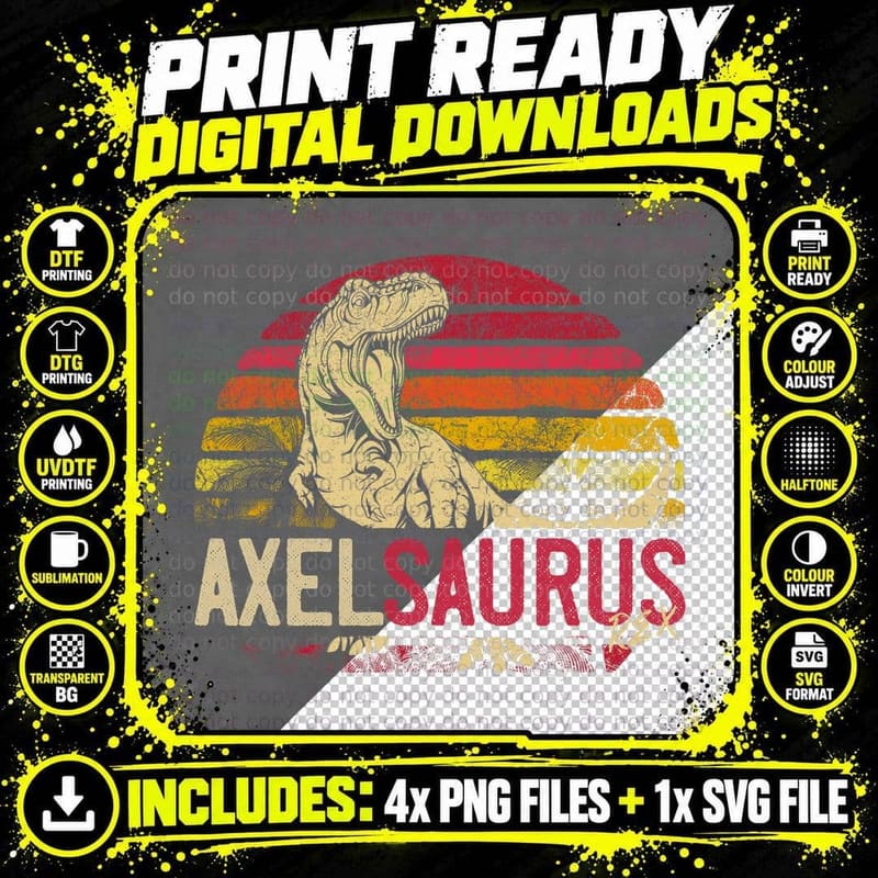 Axel Saurus Funny Dinosaur T-Shirt, Retro Vintage Style Png SVG Digital Bundle