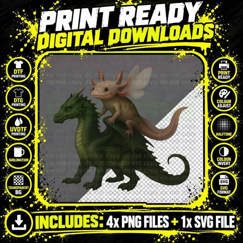 Axolotl Riding Green Dragon T-Shirt Png SVG Digital Bundle
