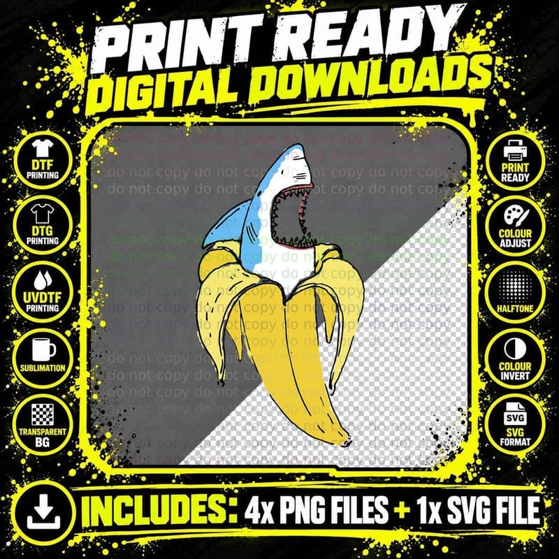 Banana Shark Sketched Graphic T-Shirt, Quirky Animal Art Png SVG Digital Bundle