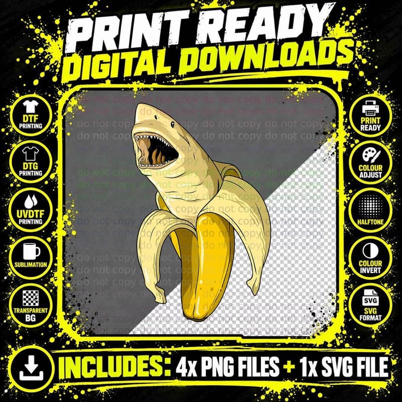 Banana Shark T-Shirt, Banana Themed Party Png SVG Digital Bundle