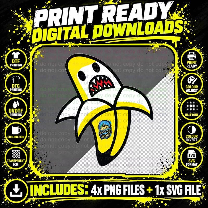 Banana Shark T-Shirt, Kids Graphic Tee, Fun Novelty Print Png SVG Digital Bundle