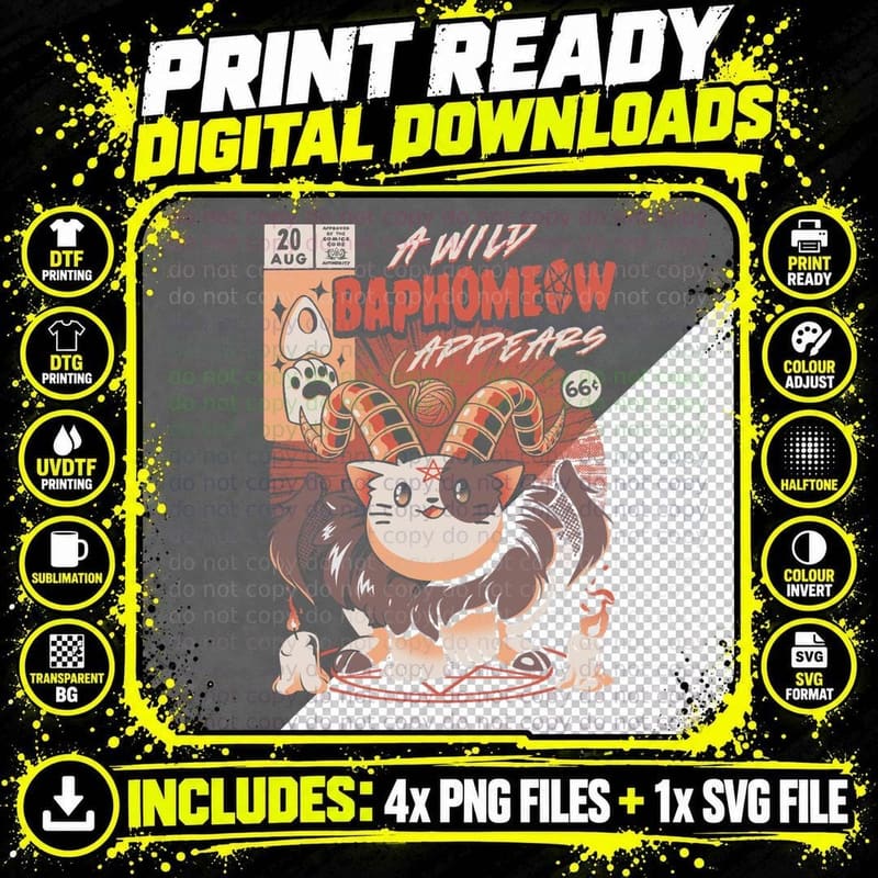 Baphomeow Wild Cat T-Shirt, Occult Pentagram Print Png SVG Digital Bundle