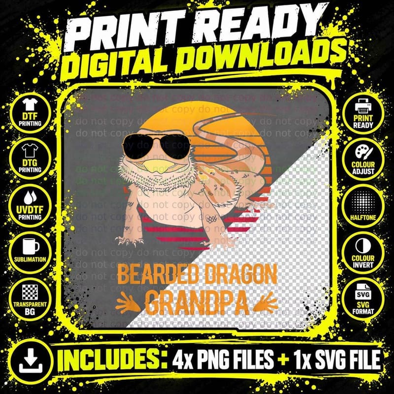 Bearded Dragon Grandpa T-Shirt, Vintage Style Png SVG Digital Bundle