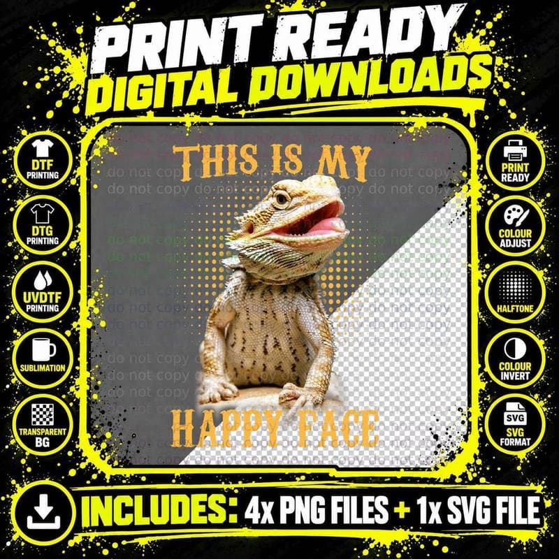 Bearded Dragon Happy Face T-Shirt, Funny Animal Design Png SVG Digital Bundle