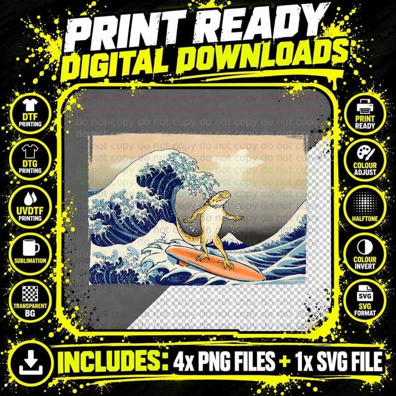 Bearded Dragon Surfing Great Wave, Kanagawa Lizard Png SVG Digital Bundle