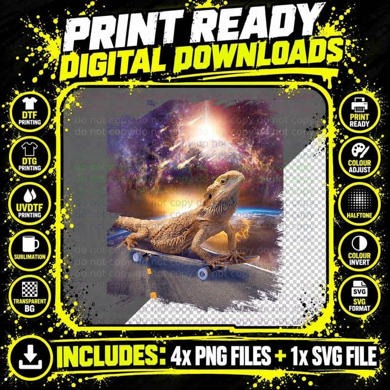 Bearded Dragon on Skateboard in Space, Galaxy Lizard Png SVG Digital Bundle
