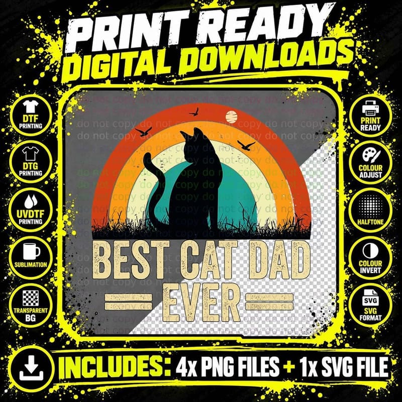 Best Cat Dad Ever Vintage Funny Cat Father's Day T-Shirt Png SVG Digital Bundle