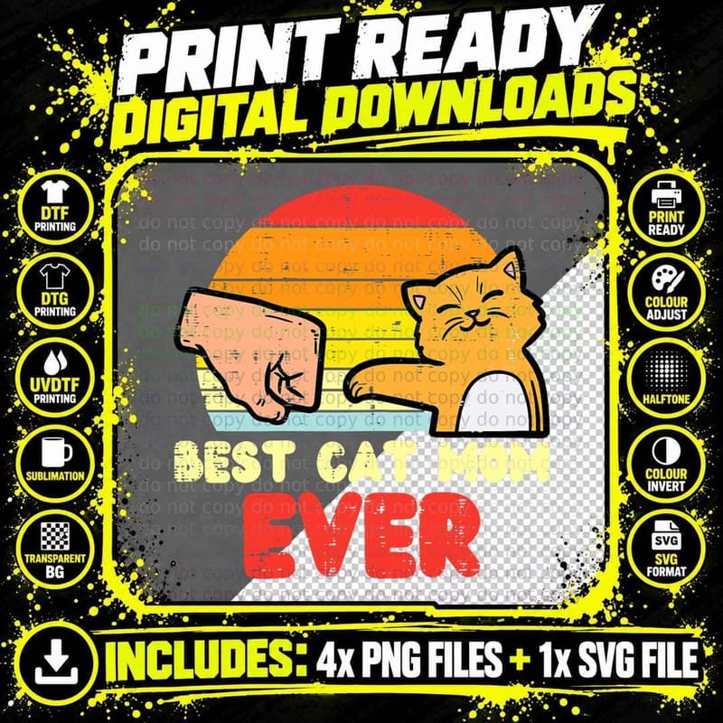 Best Cat Mom Ever Fist Bump Retro Mothers Day Fur Mama Png SVG Digital Bundle
