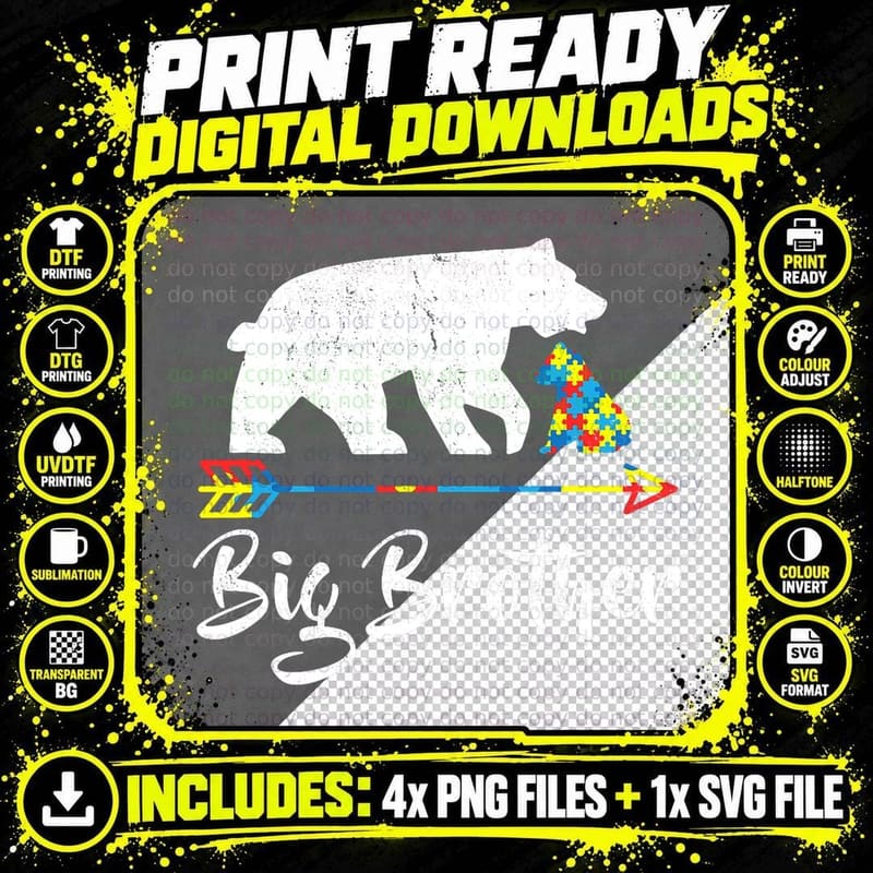 Big Brother Bear Autism Awareness Proud Autism Mom Png SVG Digital Bundle