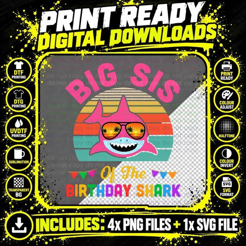 Big Sis Shark Birthday Sister T-Shirt, Summer Vibes Png SVG Digital Bundle