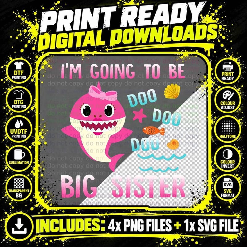 Big Sister Shark T-Shirt, Cute Shark Design Png SVG Digital Bundle