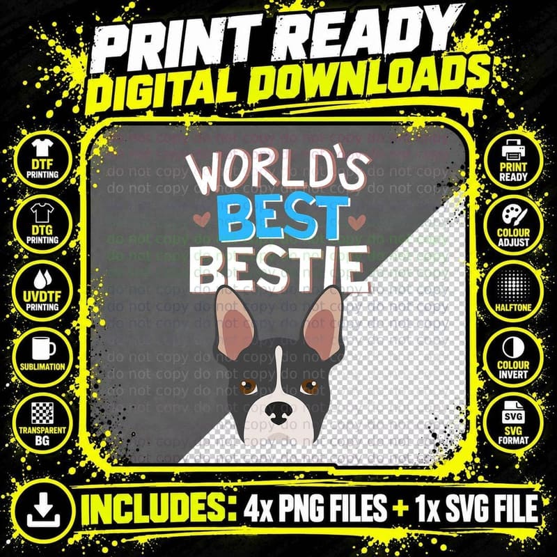 Black & White French Bulldog World's Best Bestie Dog Png SVG Digital Bundle