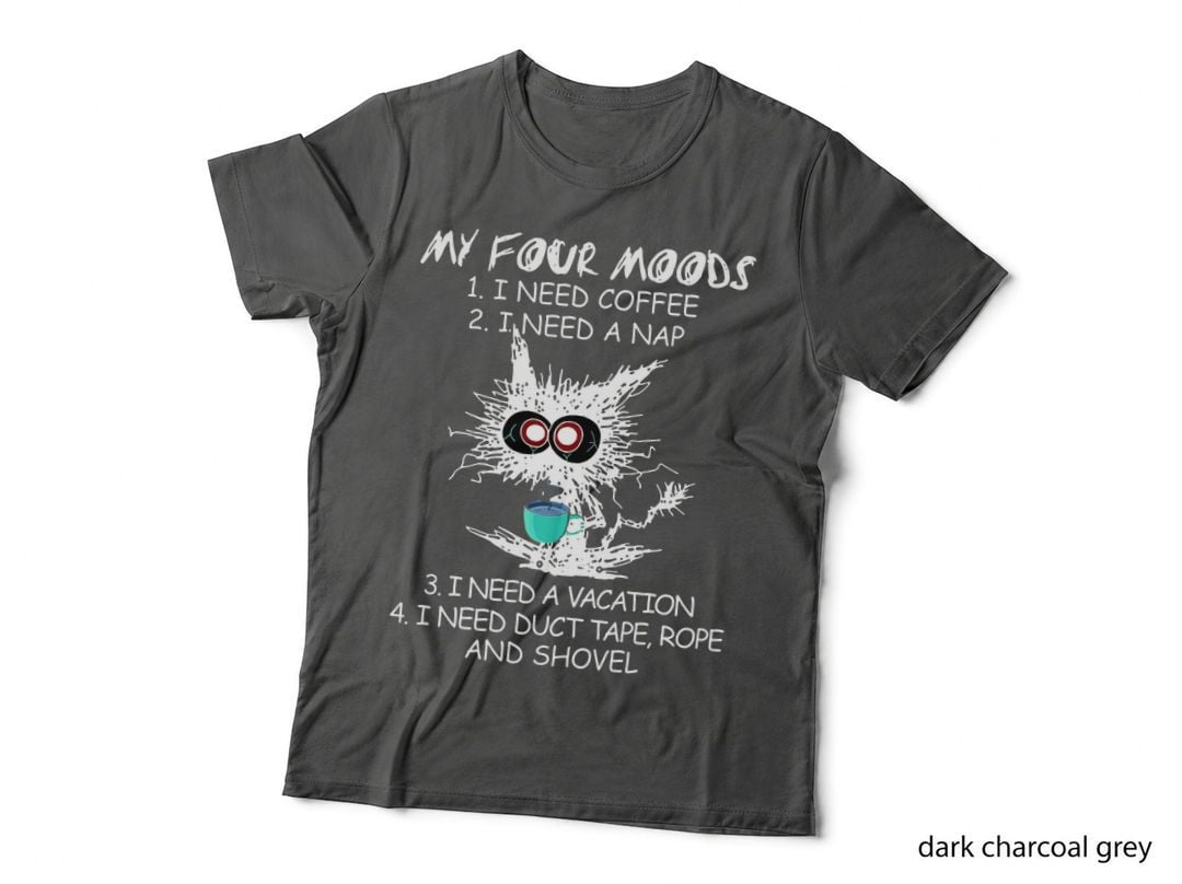 Black Cat Four Moods Tee, Coffee Nap Vacation List, Funny Kitty