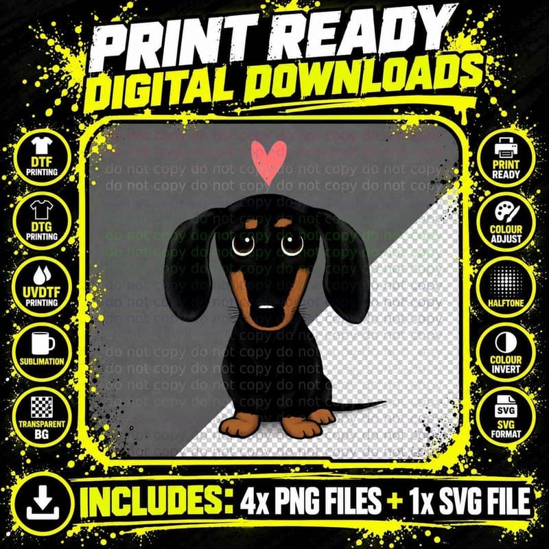 Black and Tan Dachshund with Heart Cute Cartoon Wiener Png SVG Digital Bundle