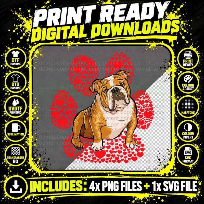 Bulldog Valentines Day Dog Love Paw T-Shirt Png SVG Digital Bundle