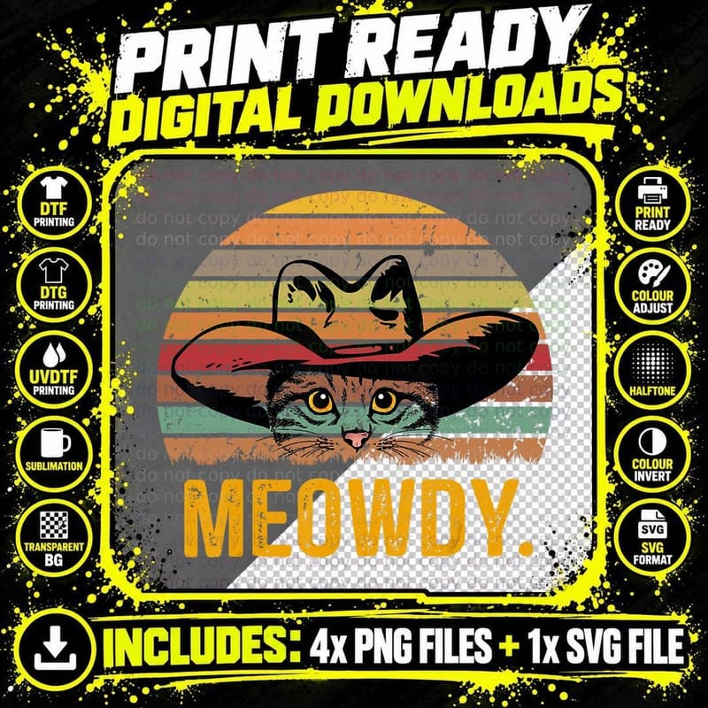 Cat Cowboy Hat T-Shirt, Vintage Retro Style Png SVG Digital Bundle