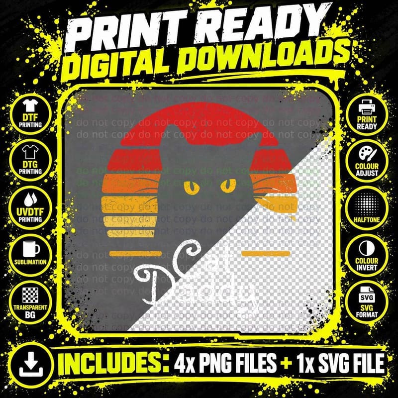 Cat Daddy Retro 70s 80s T-Shirt, Cat Gifts for Men Png SVG Digital Bundle
