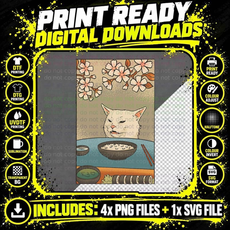 Cat Eating Sushi T-Shirt, Japanese Food Art Png SVG Digital Bundle
