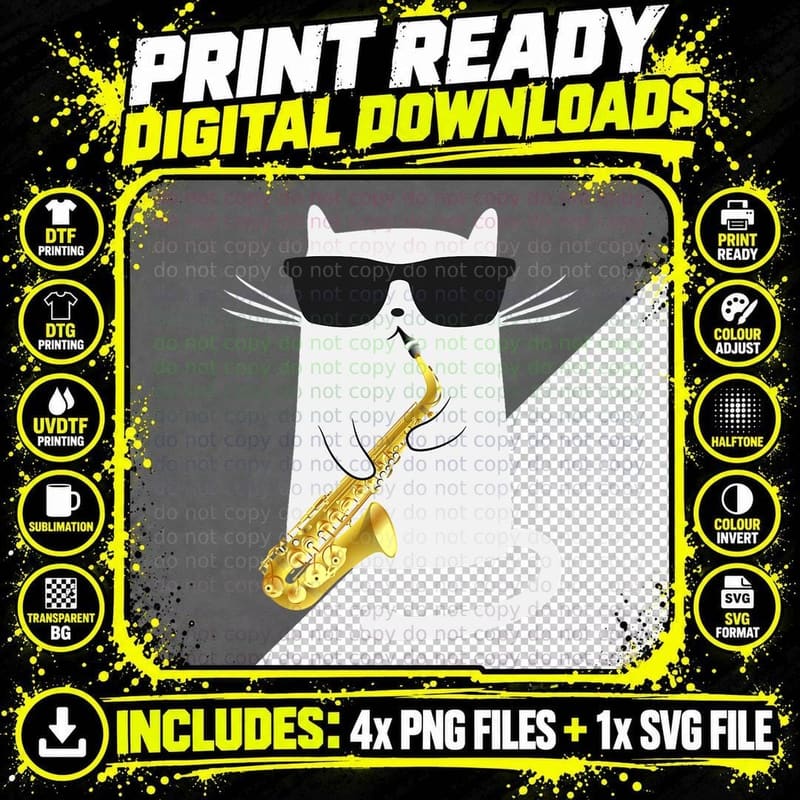 Cat Sax Shirt, Cat Cool Saxophone, Cool Jazz Kitty Png SVG Digital Bundle