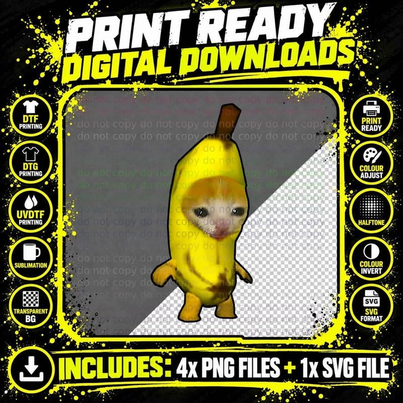 Cat in Banana Costume T-Shirt, Funny Animal Mashup Png SVG Digital Bundle