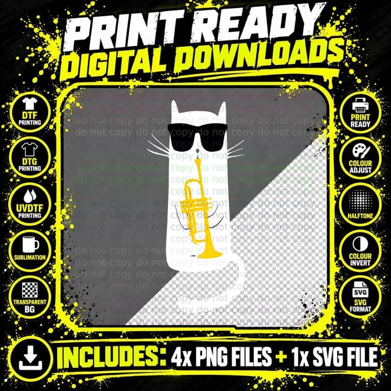 Cat in Sunglasses Playing Trumpet, Minimalist Jazz Kitty Png SVG Digital Bundle