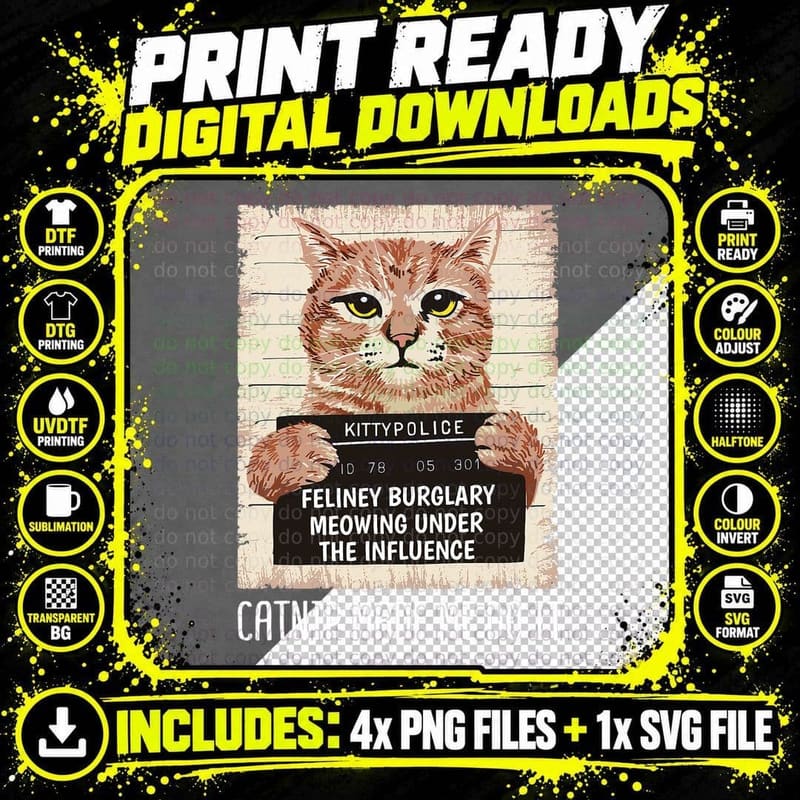 Catnip Made Me Do It Tee, Ginger Cat Mugshot Sign Png SVG Digital Bundle