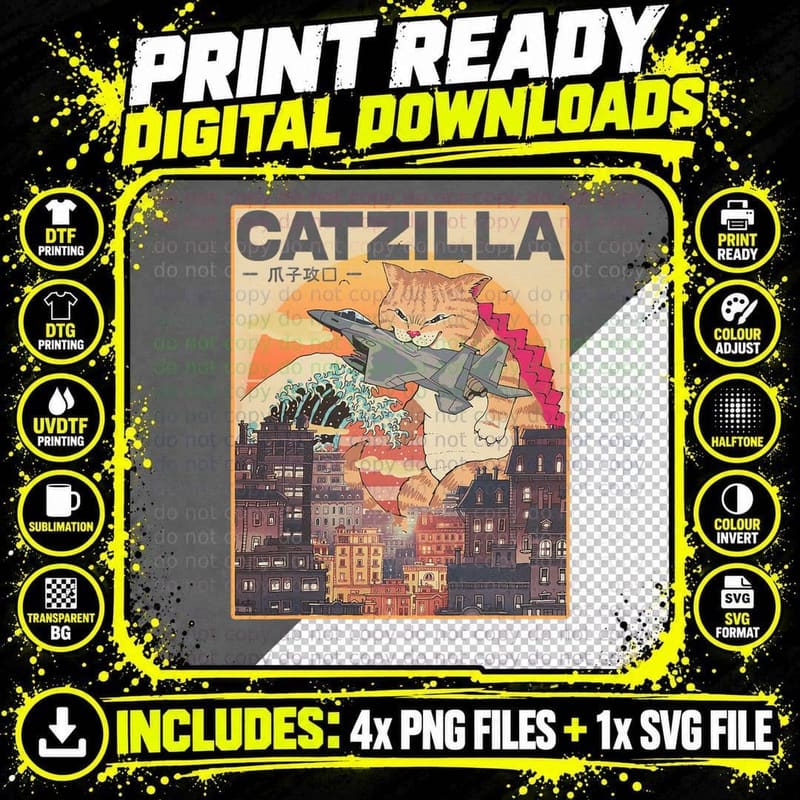Catzilla Vintage Tee, Giant Cat City Attack Png SVG Digital Bundle