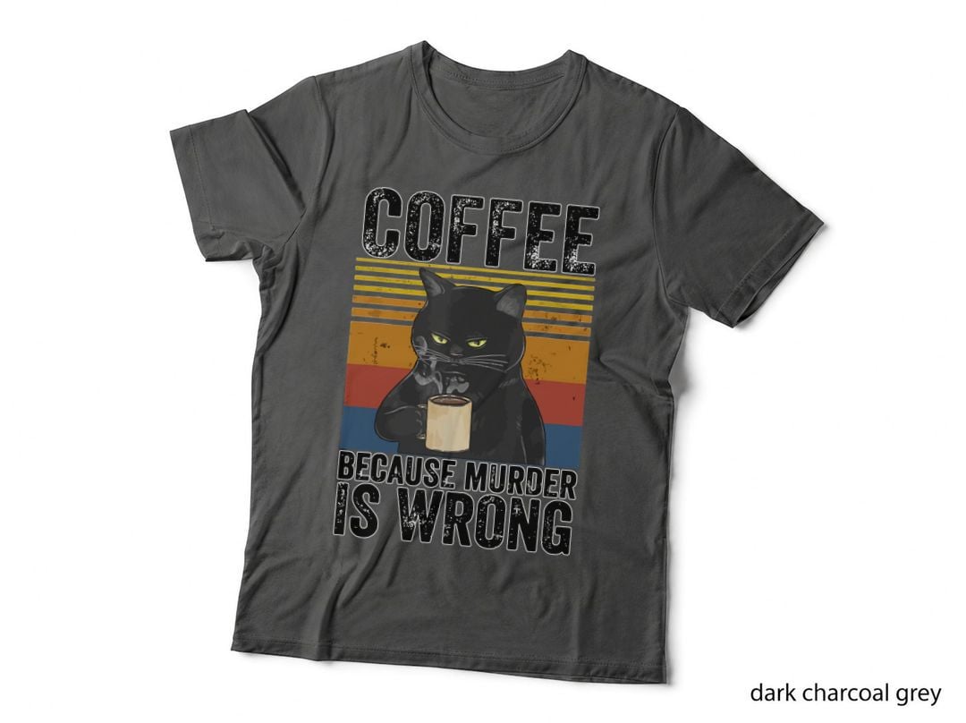 Coffee Because Murder Is Wrong Tee, Grumpy Black Cat Mug, Retro Stripes Art
