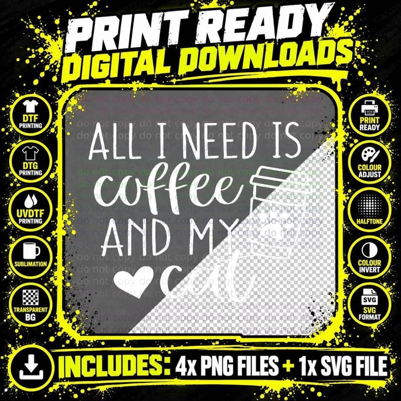 Coffee and Cat Mom T-Shirt, Cat Mom Apparel Png SVG Digital Bundle