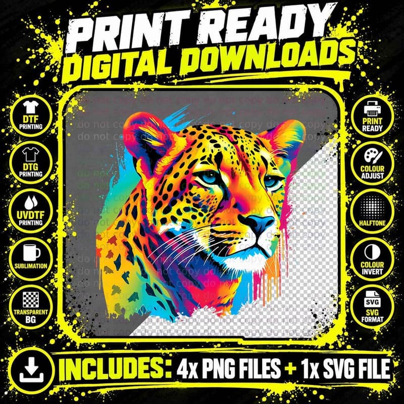 Colorful Cheetah Face Animal Print Big Cat Wildlife Png SVG Digital Bundle
